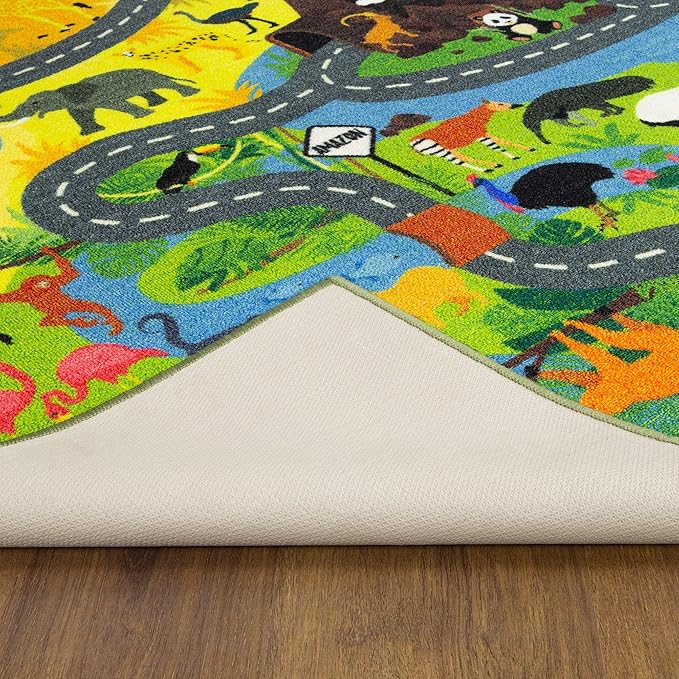 KC Cubs 3x5 Animal Safari Toy Car Road Rug – Educational Play Mat Carpet for Kids, Toddlers, Nursery, Classroom, Playroom, Baby Daycare, Boys & Girls-CubbioJoy