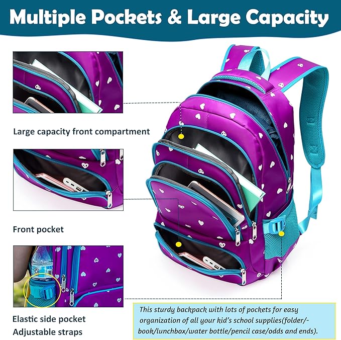 BLUEFAIRY Kids Backpack for Girls Primary Elementary School Bag Bookbag for Childs Book Bag Mochilas Escolares para Niñas de 4-6 Back to School Cute Gifts 17" Heart Print/Purple-CubbioJoy