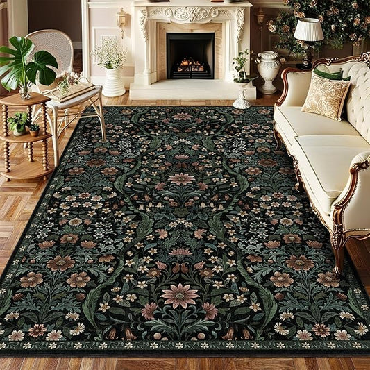 5×7 Black Washable Floral Area Rug,Vintage Boho Soft Low-Pile Living Room Rugs, Stain Resistant Botanical Non-Slip Carpet for Bedroom,Dining Room, Kids Nursery,Home Decor-CubbioJoy