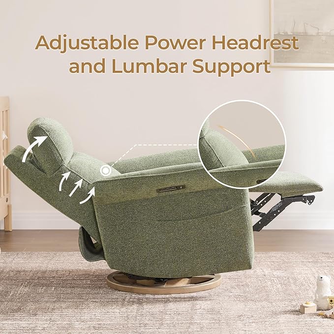 CHITA Power Recliner Chair, Electric Triple-Motor Swivel Glider Nursery Rocking Chair with Adjustable Power Headrest and Lumbar Support, GREENGARD Gold Certified, Solid Wood Base, Forest Green-CubbioJoy