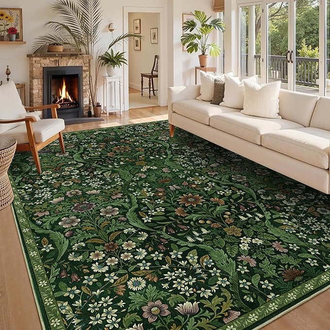 8x10 Washable Area Rug for Living Room, Large Vintage Dark Green Floral Rugs, Soft Non-Slip Stain Resistant Boho Lightweight Carpet for Bedroom Dining Room Nursery Home Office-CubbioJoy