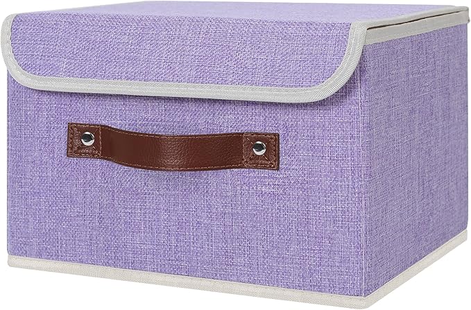 ANMINY 4PCS Storage Bins with Lid PU Leather Handles Storage Boxes PP Plastic Board Decorative Foldable Lidded Cotton Linen Fabric Home Cubes Baskets Closet Organizer Containers - Purple, Small Size-CubbioJoy