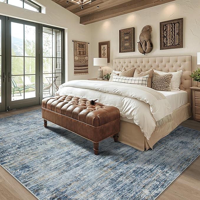 Area Rugs 8x10 Living Room Rugs: Large Modern Abstract Washable Rug with Non-Slip Backing, Thin Carpet for Dining Room Table Bedroom Nursery Indoor Home Office-Blue/Brown-CubbioJoy