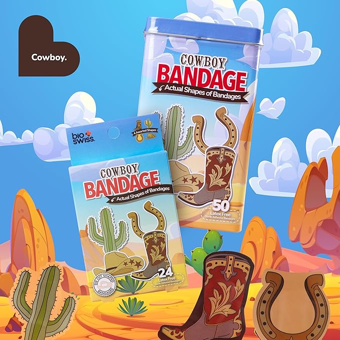 BioSwiss Bandages, Cowboy Shaped Self Adhesive Bandage, Latex Free Wound Care, Fun First Aid Kit Supplies for Kids and Adults, 24 Count-CubbioJoy