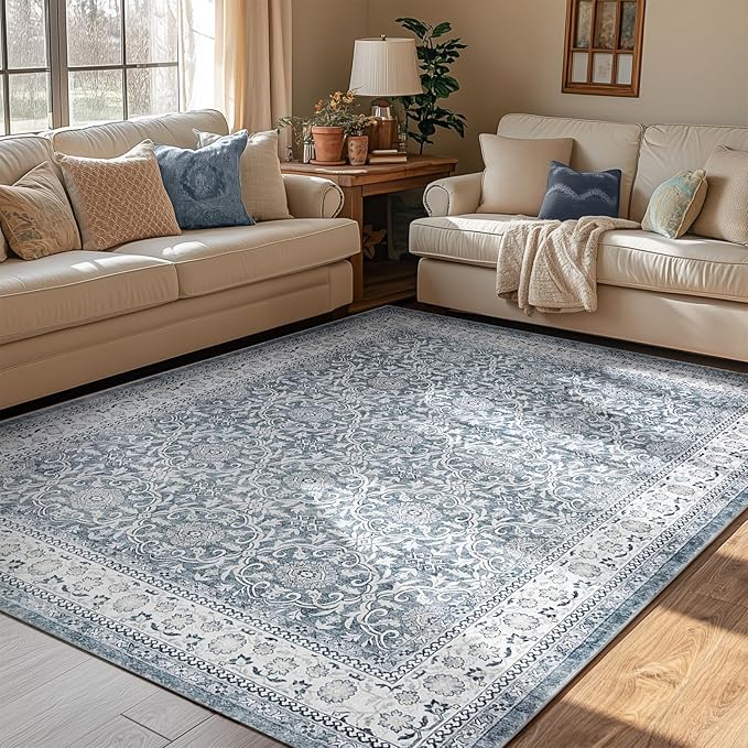 jinchan Floral 5x7 Area Rugs for Bedroom - Machine Washable Vintage Distressed Boho Design Throw Rug Stain Resistant Carpet Low-Pile Thin Non-Slip for Nursery Living Room Dining Room (5‘x7',Grey)-CubbioJoy