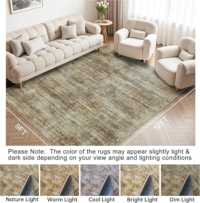 Area Rug 9x12 Washable Rugs: Abstract Large Living Room Rugs with Non-Slip Backing, Thin Carpet for Dining Room Table Bedroom Nursery Indoor Home Office-Brown-CubbioJoy