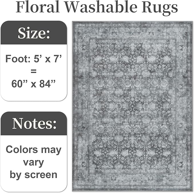 5x7 Washable Area Rug for Living Room, Non Slip Vintage Floral Rugs for Bedroom, Retro Indoor Floor Carpet for Kitchen, Dining Room, Farmhouse, Classroom (Distressed Grey)-CubbioJoy