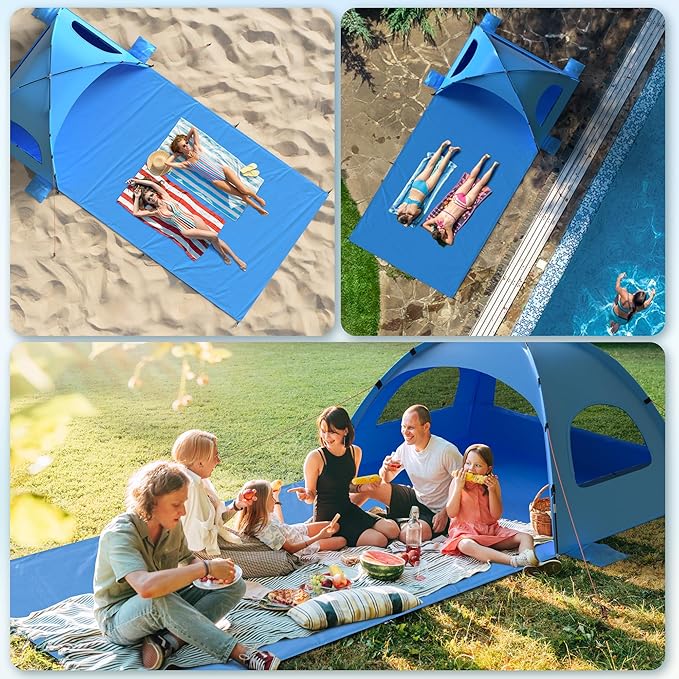 Beach Tent Sun Shelter with Extended Sand Mat 114×82inch，UPF 50+ Protection, 3 Double-Layer Windows for Enhanced Privacy; Portable Beach Shade, 3-4 People. Windproof and Waterproof-CubbioJoy