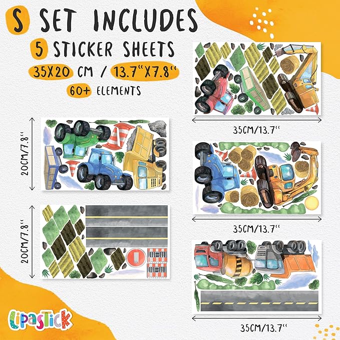 Construction Truck Wall Decals for Boys- Peel and Stick Road Vehicle Stickers for Room, Nursery, Playroom - Removable Wall Decor with Excavators, Tractors, Cars for Kids, Toddlers, Babies -S Size-CubbioJoy