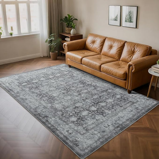 5x7 Washable Area Rug for Living Room, Non Slip Vintage Floral Rugs for Bedroom, Retro Indoor Floor Carpet for Kitchen, Dining Room, Farmhouse, Classroom (Distressed Grey)-CubbioJoy