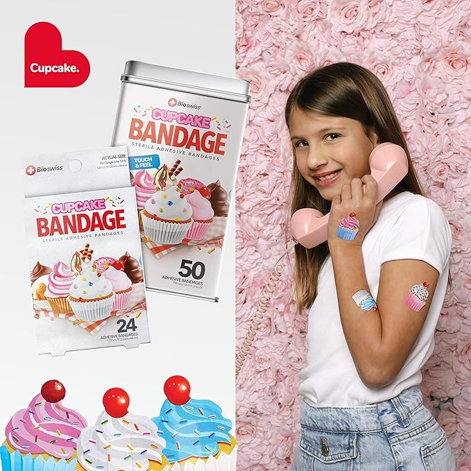 BioSwiss Bandages, Cupcake Shaped Self Adhesive Bandage, Latex Free Sterile Wound Care, Fun First Aid Kit Supplies for Kids, 50 Count-CubbioJoy