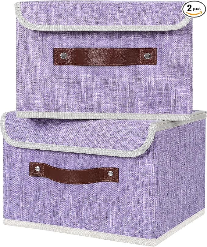 ANMINY 2PCS Storage Bins with Lid PU Leather Handles Storage Boxes PP Plastic Board Decorative Foldable Lidded Cotton Linen Fabric Home Cubes Baskets Closet Organizer Containers - Purple, Small Size-CubbioJoy