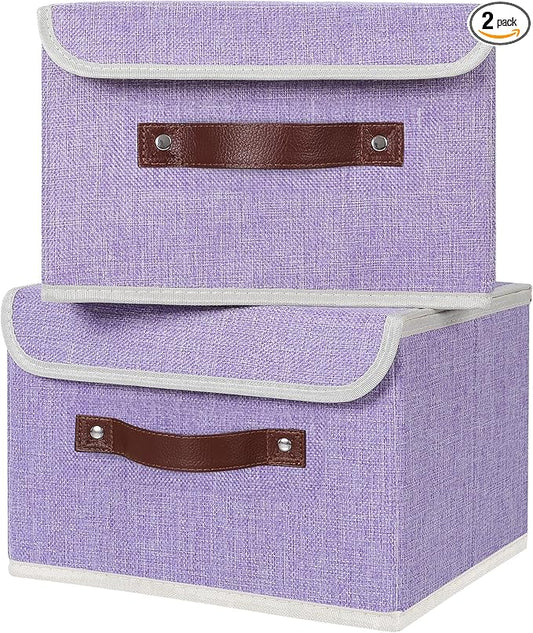 ANMINY 2PCS Storage Bins with Lid PU Leather Handles Storage Boxes PP Plastic Board Decorative Foldable Lidded Cotton Linen Fabric Home Cubes Baskets Closet Organizer Containers - Purple, Small Size-CubbioJoy