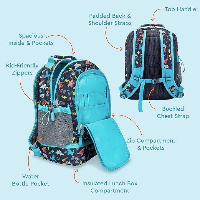 Bentgo Kids 2-in-1 Backpack & Insulated Lunch Bag - Durable 16” Backpack & Lunch Container in Unique Prints for School & Travel - Water Resistant, Padded & Large Compartments (Dinosaur)-CubbioJoy