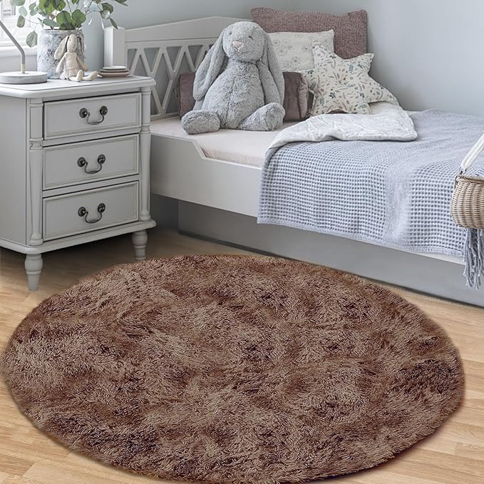 4FT Round Rug for Bedroom: Fluffy Shag Soft Washable Rugs Circle Small Fuzzy Plush Indoor Carpet for Living Room Nursery Playroom Dorm Kids Girls Boys Room (Coffee, 4'x4')-CubbioJoy