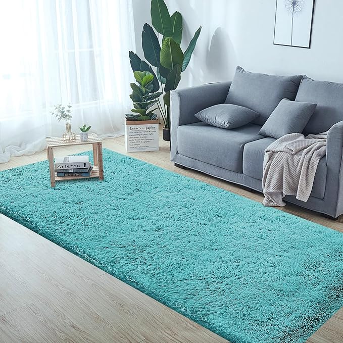 2x6 Runner Rug for Bedroom: Fluffy Shag Soft Washable Rugs Small Fuzzy Plush Indoor Carpet for Hallway Bedside Dorm Kids Girls Boys Room (Teal Blue, 2'x6')-CubbioJoy
