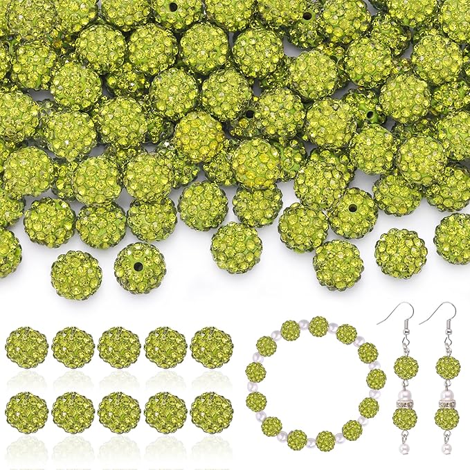 160pcs 10mm Rhinestone Beads for Jewelry Making, Olivine Shiny Round Disco Ball Beads Bulk, Sparkle Crystal Clay Christmas for Bracelet Baseball Necklace Earring Crafting and DIY-CubbioJoy