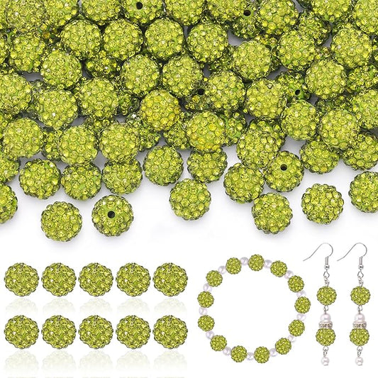 200pcs 10mm Rhinestone Beads for Jewelry Making, Olivine Shiny Round Disco Ball Beads Bulk, Sparkle Crystal Clay Christmas for Bracelet Baseball Necklace Earring Crafting and DIY-CubbioJoy