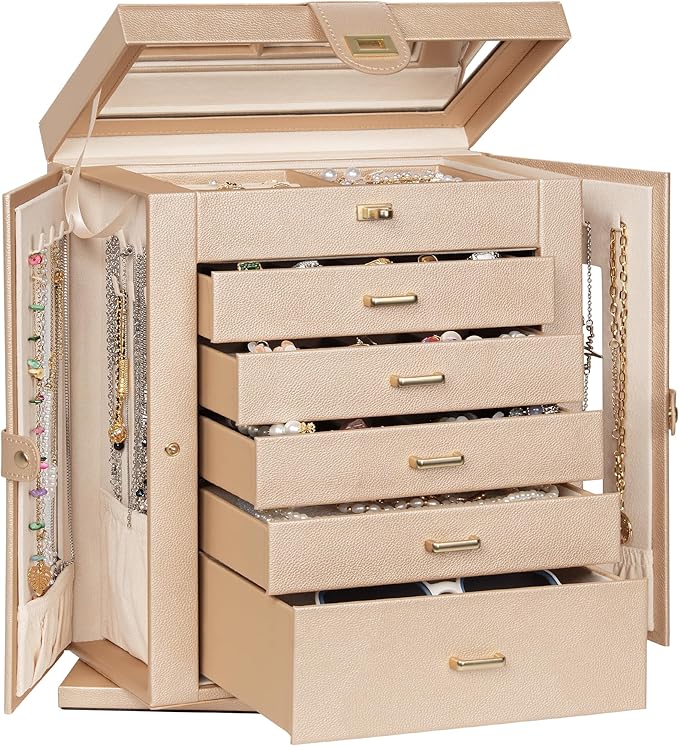 AKOZLIN Jewelry Box 360° Rotating 6-Tier Functional Jewelry Storage Case Organizer for Women Girls Ring Necklace Earring Bracelet Holder with Mirror-CubbioJoy