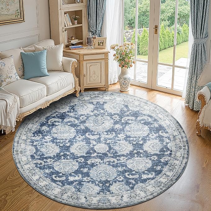 jinchan Round Rug 8ft Area Rug - Dark Blue Vintage Floor Mat Kitchen Indoor Ultra-Thin Soft Floral Print - Washable Circle 8' Retro Accent for Farmhouse Non Slip Dining Room Living Room Bedroom Office-CubbioJoy