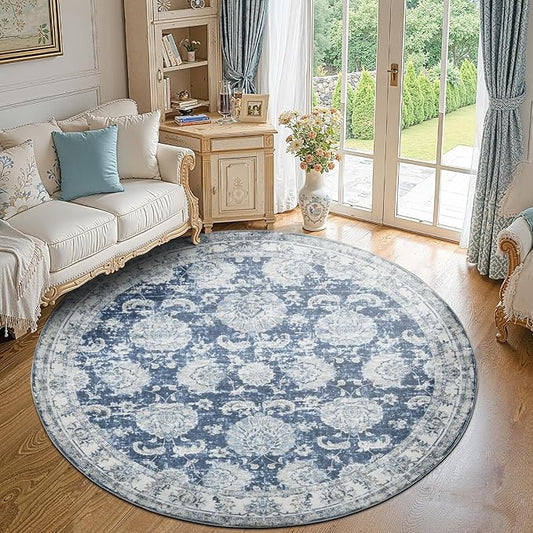 jinchan Round Rug 8ft Area Rug - Dark Blue Vintage Floor Mat Kitchen Indoor Ultra-Thin Soft Floral Print - Washable Circle 8' Retro Accent for Farmhouse Non Slip Dining Room Living Room Bedroom Office-CubbioJoy