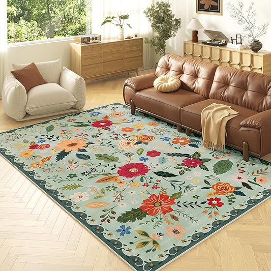 5x7 Washable Rug for Living Room, Green Floral Area Rug, Non Slip Low Pile Soft Flower Carpet, Large Rugs for Bedroom, Dining Room, Office, Kids Playroom, Nursery, Sage Green-CubbioJoy