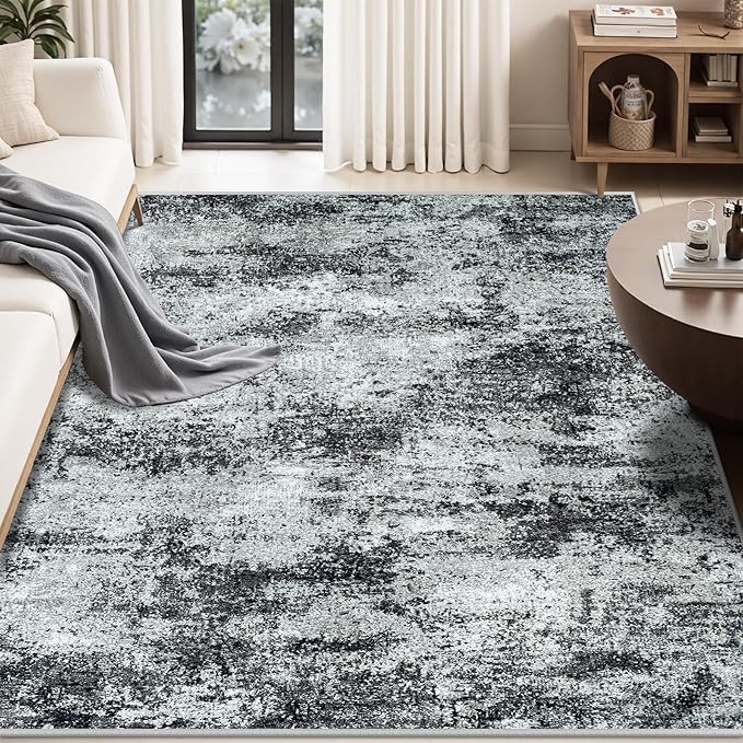 Area Rug Living Room Rugs: 5x7 Abstract Washable Rugs Ultra Soft Carpets with Non-Slip Backing Stain Resistant Carpet for Dining Room Table Bedroom Nursery Indoor Home Office Dark Black/Gray-CubbioJoy