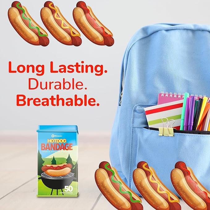 BioSwiss Bandages, Hot Dog Shaped Self Adhesive Bandage, Latex Free Sterile Wound Care, Fun First Aid Kit Supplies for Kids, 50 Count-CubbioJoy