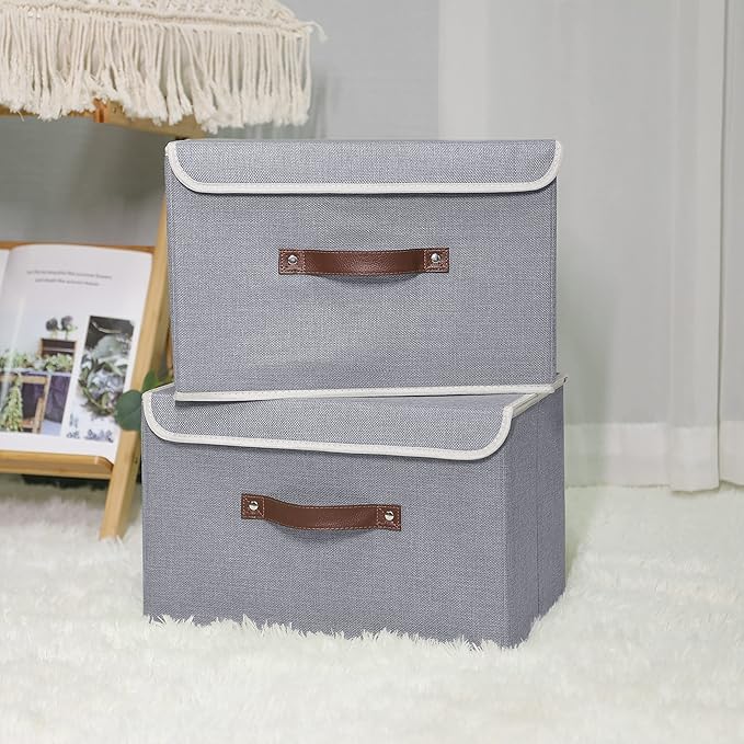 ANMINY 2PCS Storage Bins with Lid PU Leather Handles Storage Boxes PP Plastic Board Decorative Foldable Lidded Cotton Linen Fabric Home Cubes Baskets Closet Organizer Containers - Gray, Large Size-CubbioJoy