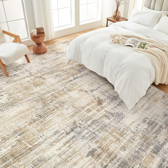 Area Rug for Living Room: 10x14 Washable Neutral Abstract Modern Soft Rugs Non Slip Indoor Floor Stain Resistant Large Carpet for Bedroom Dining Room Office Nursery - Golden Brown-CubbioJoy