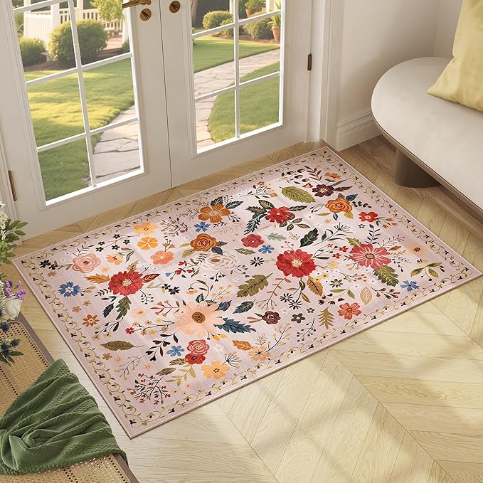 2x3 Washable Rug for Entryway, Floral Soft Small Area Rug, Non Slip Doormat Indoor Entrance Carpet, Flower Low Pile Front Door Throw Rug for Bedroom, Kitchen, Laundry, Bathroom, Pink/Beige-CubbioJoy
