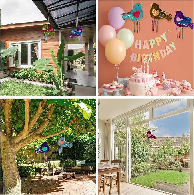 ArtCreativity DIY Wind Chime Kit for Kids - 8 Pack - Wooden Wind Chime Set with Paint Kit, Rhinestone Flower Stickers, Glitter Heart Foam Stickers, and More - Summer Arts and Crafts for Kids 3 and Up-CubbioJoy