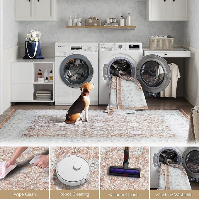 jinchan Washable Area Rug 3x5 Entryway Low Pile Boho Floral Print Rug Faux Wool Soft Indoor Doormat Stain Resistant Non-Slip Ultra-Thin Rug Kitchen Living Room Bedroom Dining Room Office Orange-CubbioJoy