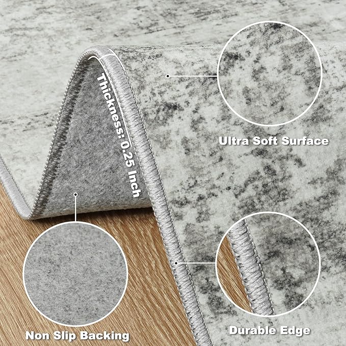 5x7 Area Rugs for Lliving Room Bedroom, Abstract Washable Rugs with Non-Slip Backing, Stain Resistant Thin Carpet for Dorm Dining Room Table Nursery Indoor Home Office-Gray-CubbioJoy