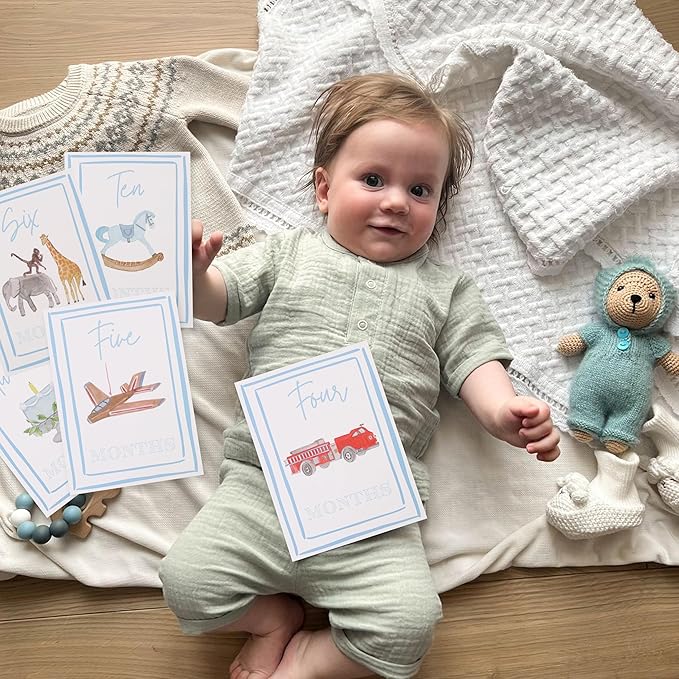 Boy Watercolor Milestone Cards - My First Monthly Milestone Cards,Blue Boy 12 Monthly Newborn Photos(Cards-1)-CubbioJoy