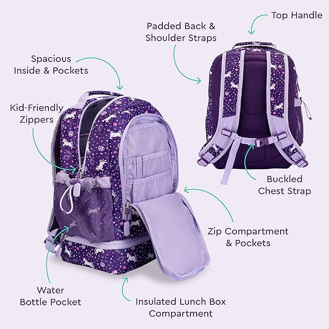 Bentgo Kids 2-in-1 Backpack & Insulated Lunch Bag - Durable 16” Backpack & Lunch Container in Unique Prints for School & Travel - Water Resistant, Padded & Large Compartments (Unicorn)-CubbioJoy