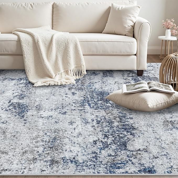 Area Rug 9x12 Washable Rugs: Abstract Large Living Room Rugs with Non-Slip Backing, Stain Resistant Indoor Floor Carpet for Bedroom Dining Room Table Nursery Hallway Home Office Blue/Gray/Black-CubbioJoy