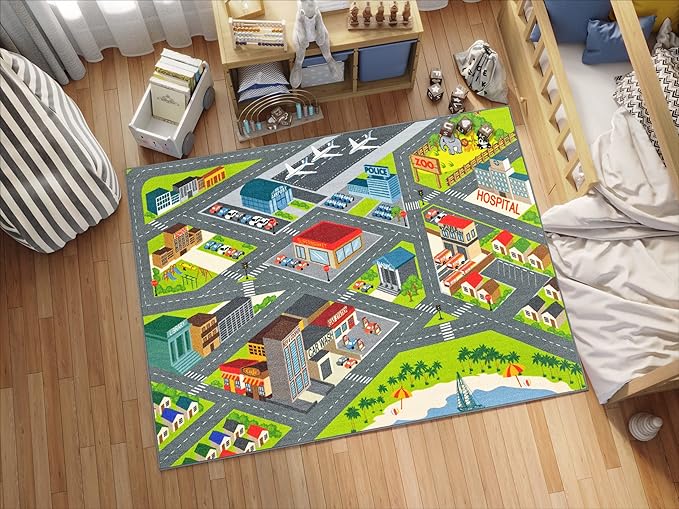 KC Cubs 5x7 City Streets Car Road Rug – Educational Non-Slip Play Mat for Kids, Toddlers, Nursery, Classroom, Playroom, Baby Daycare, Boy Girl Carpet-CubbioJoy