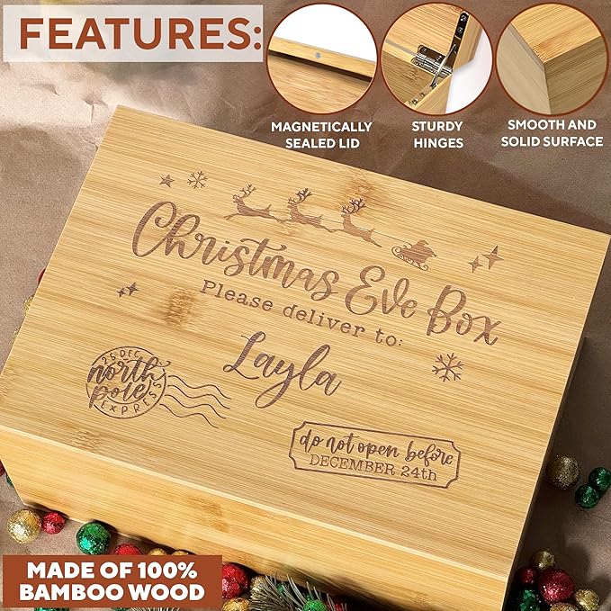 Custom Christmas Eve Box - North Pole Delivery Box - Xmas Gift Boxes for Gifts - Christmas Tree Present Boxes Personalized - Large Santa Storage Chest - Reusable Holiday Decor 11 x 8 x 4.75 in-CubbioJoy