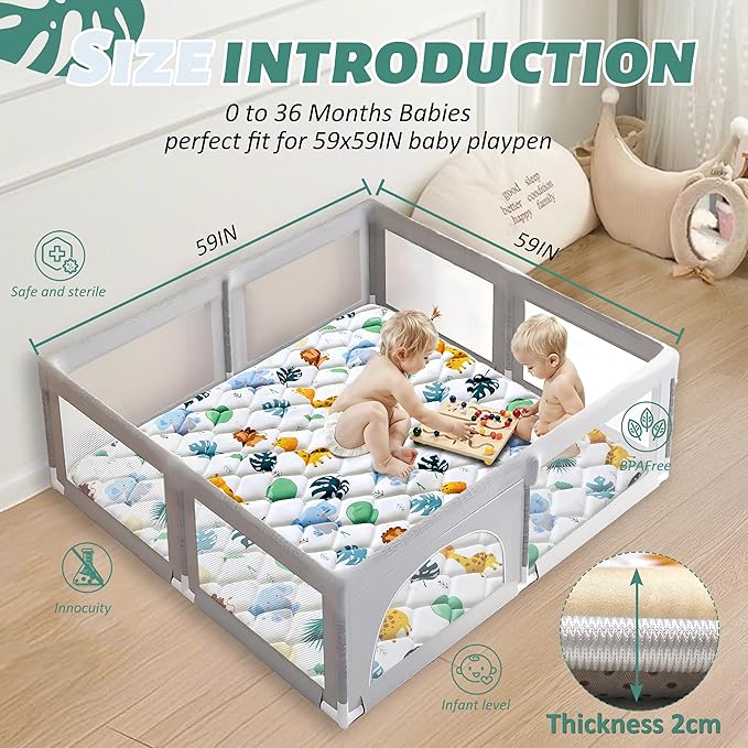 Baby Play Mats for Floor, 59x59 Playpen Mat for Babies, Extra Thicker & Soft Floor Crawling Mat, Foldable Non-Slip Playmat Cushioned for Infants Toddlers, Cute Animal Design-CubbioJoy