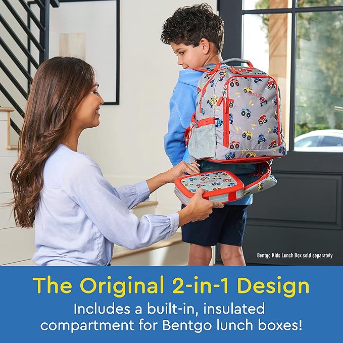 Bentgo Kids 2-in-1 Backpack & Insulated Lunch Bag - Durable 16” Backpack & Lunch Container in Unique Prints for School & Travel - Water Resistant, Padded & Large Compartments (Trucks)-CubbioJoy