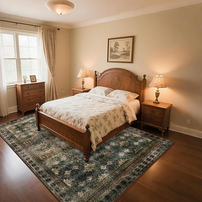 4x6 Area Rug for Bedroom Machine Washable, Non Slip Vintage Floral Kitchen Rugs for Dining Room, Rustic Indoor Floor Carpet for Kids Room, Playroom, Farmhouse(Dark Green/Brown/Multi)-CubbioJoy