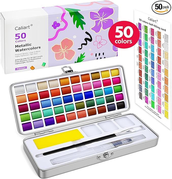 Caliart Metallic Watercolor Paints, 50 Colors Glitter Watercolors Set with 1 Brush, Portable Travel Painting Kit Gifts for Adults Artists Kids Teen Girls Boys Art Supplies-CubbioJoy
