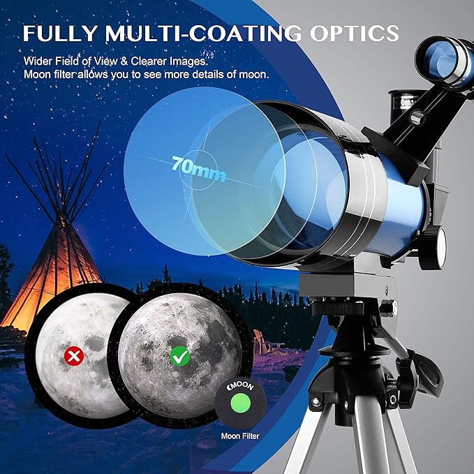 AOMEKIE Telescopes,70mm Aperture 300mm Table Tripod, Astronomical for Beginners,2 Eyepieces 150X with Smartphone Adapter Moon Filter 3X Barlow-CubbioJoy