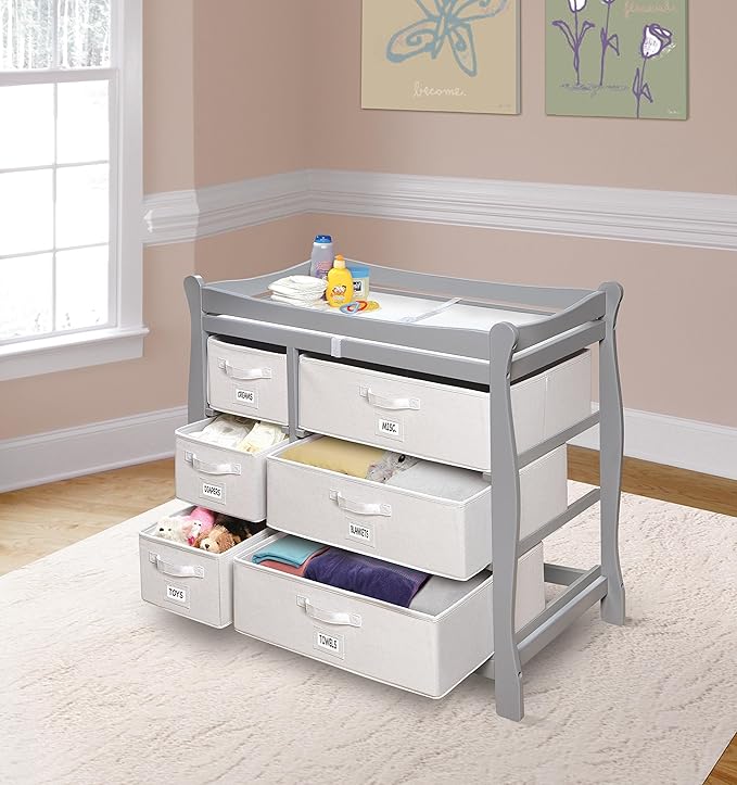 Badger Basket Sleigh Style Baby Changing Table - Diaper Station with 6 Removable Storage Baskets, Safety Rails, Pad, and Belt - Nursery Organizer - Gray/White-CubbioJoy