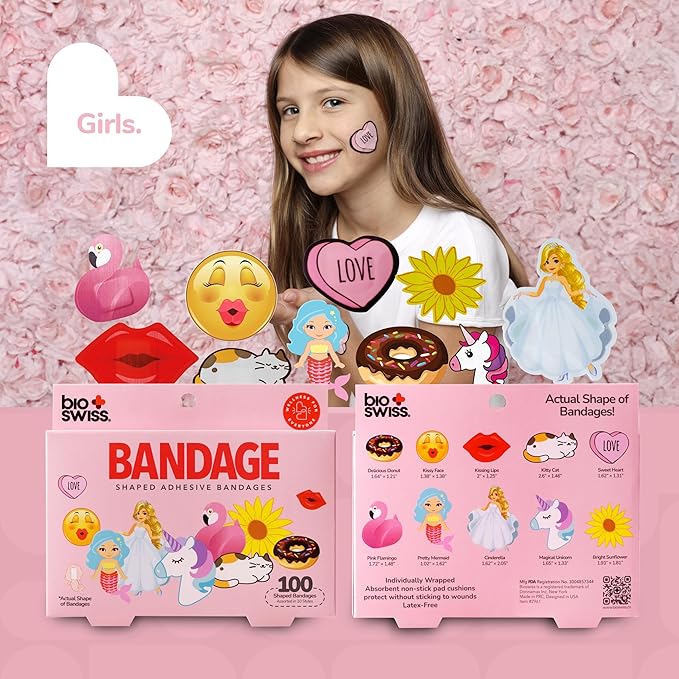 BioSwiss Bandages, Assorted Animal, Fun and Food Shaped Self Adhesive Bandage for Girls, Latex Free Sterile Wound Care, 100 Count-CubbioJoy