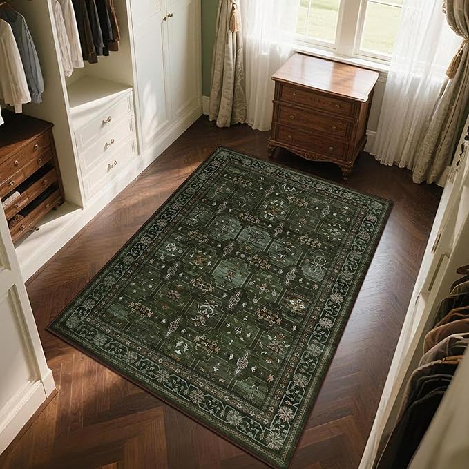 8x10 Washable Area Rug for Living Room, Non Slip Vintage Floral Print Rugs No Shedding, Distressed Thin Retro Accent Carpet for Bedroom Nursery Farmhouse Dining Room Dark Green-CubbioJoy