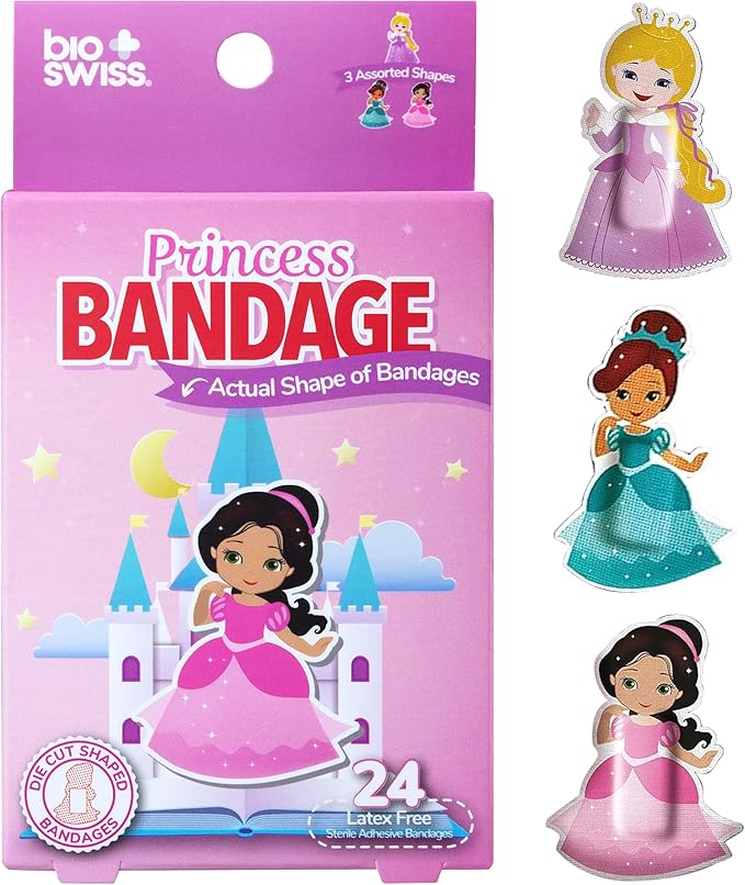 BioSwiss Bandages, Princess Shaped Self Adhesive Bandage, Latex Free Sterile Wound Care, Fun First Aid Kit Supplies for Kids, 24 Count-CubbioJoy