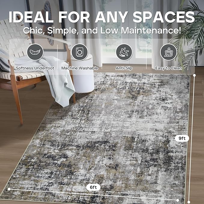 6x9 Area Rugs for Living Room Rug Washable: Modern Rug for Dining Room Bedroom Carpet Non Slip Low Pile 6 by 9 Indoor Abstract Nursery Home Office Black Gold-CubbioJoy