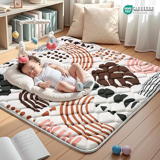 Baby Play Mats for Floor, 50x50 Playpen Mat for Babies, Extra Thicker & Soft Floor Crawling Mat, Foldable Non-Slip Playmat for Infants Toddlers, Boho Leaf Dark Brown-CubbioJoy